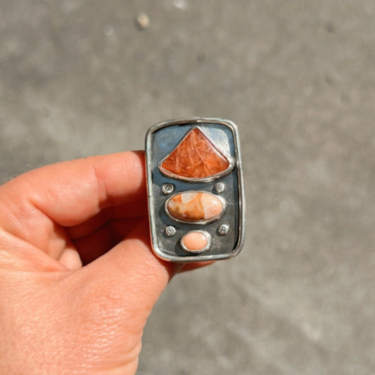 Sunstone, Fawn Jasper, & Angel Coral Ring size 8